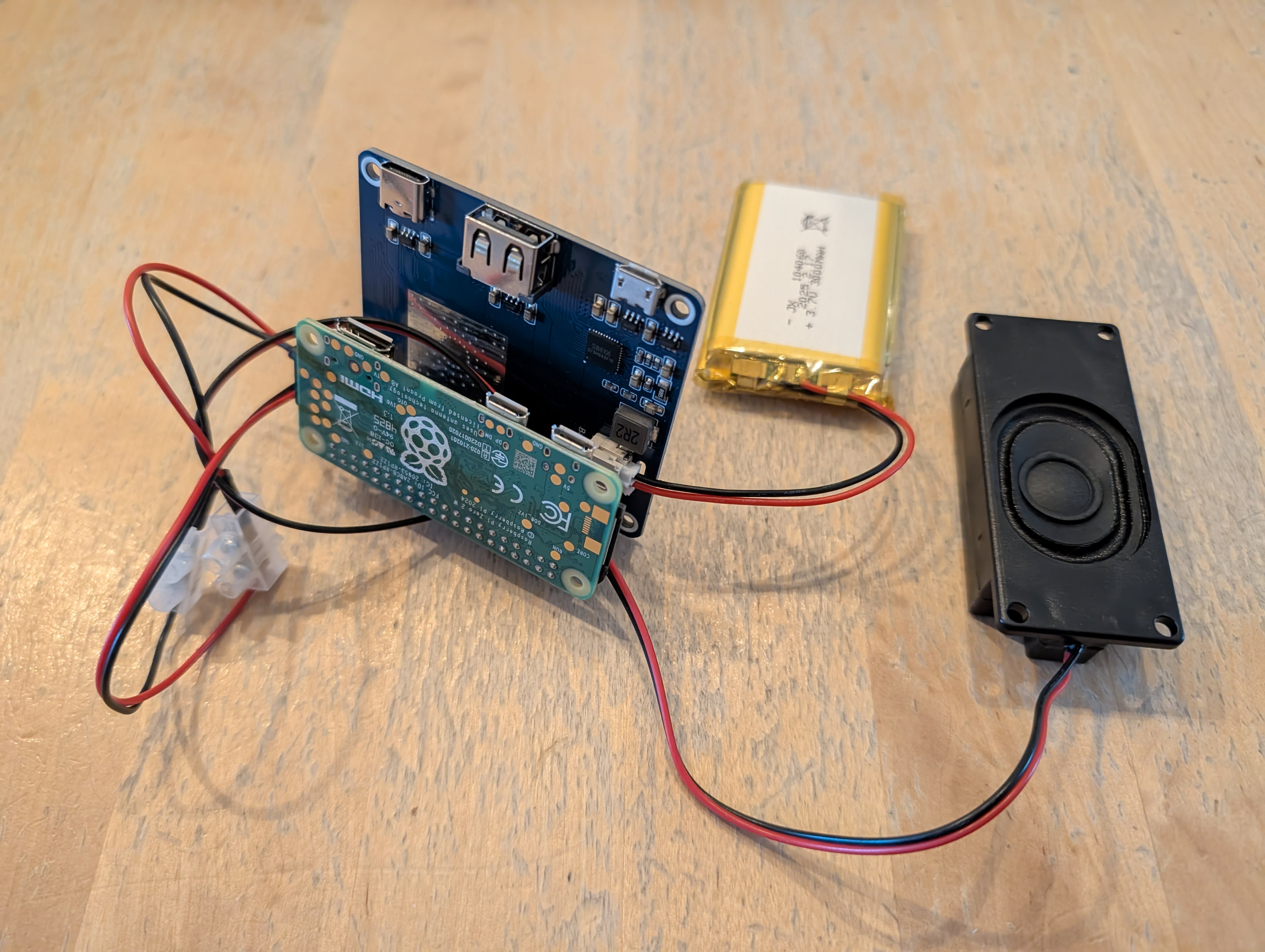 The Raspberry Pi Zero with battery and speaker